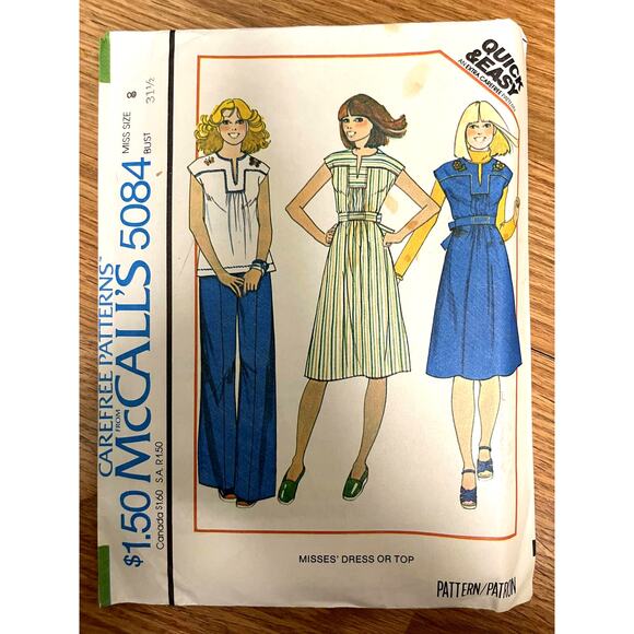 Vintage 1970s McCalls 5084 Sewing Pattern Women Size 8 XXS Dress or Top COMPLETE - Picture 1 of 2